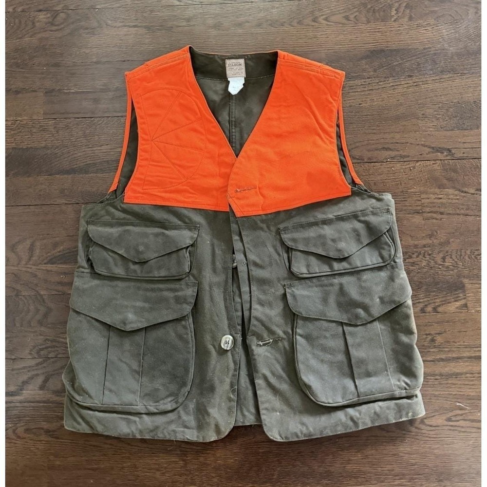 Vintage Filson Hunting Vest Size L Tin Cloth Blaze Orange Shooting Patch USA